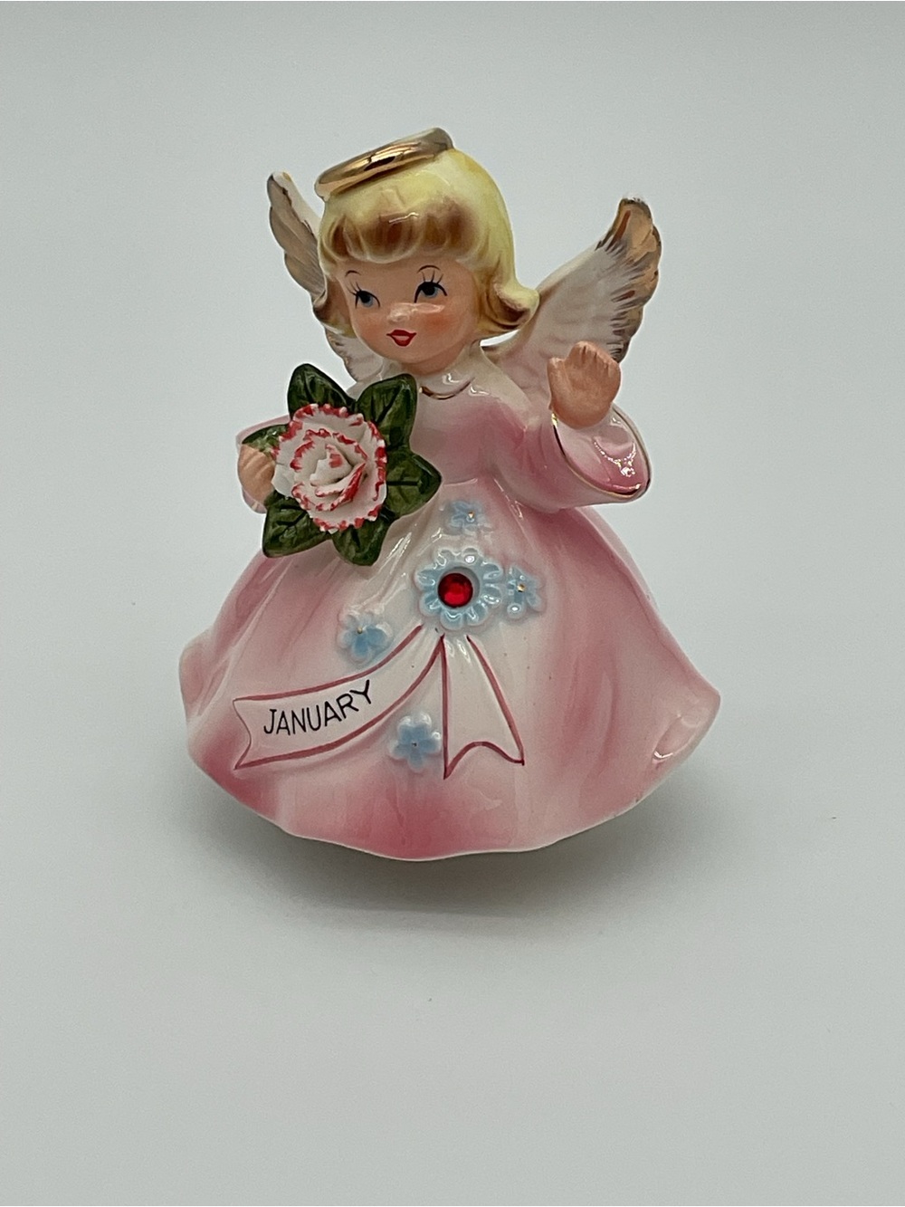 Lefton January Angel Figurine Pink Porcelain Musical Figurine - Flaw
